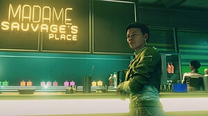 Starfield on PS5 or PS4: A woman leans against a neon yellow bar and looks out at the other patrons.