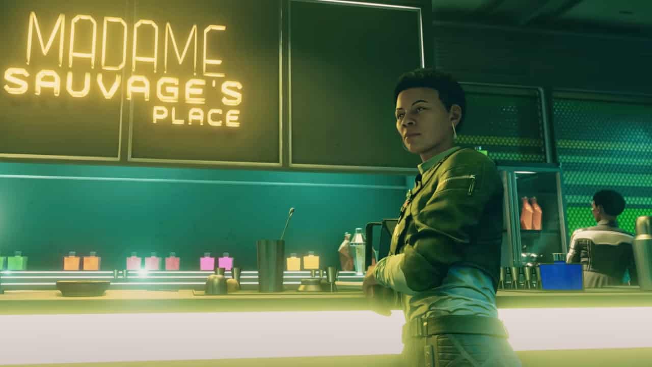 Starfield on PS5 or PS4: A woman leans against a neon yellow bar and looks out at the other patrons.