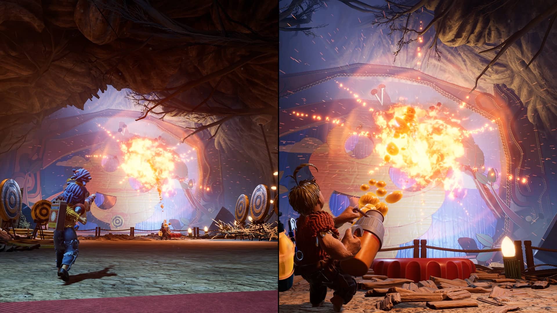 It Takes Two characters using teamwork to trigger a fiery explosion in a cavern arena