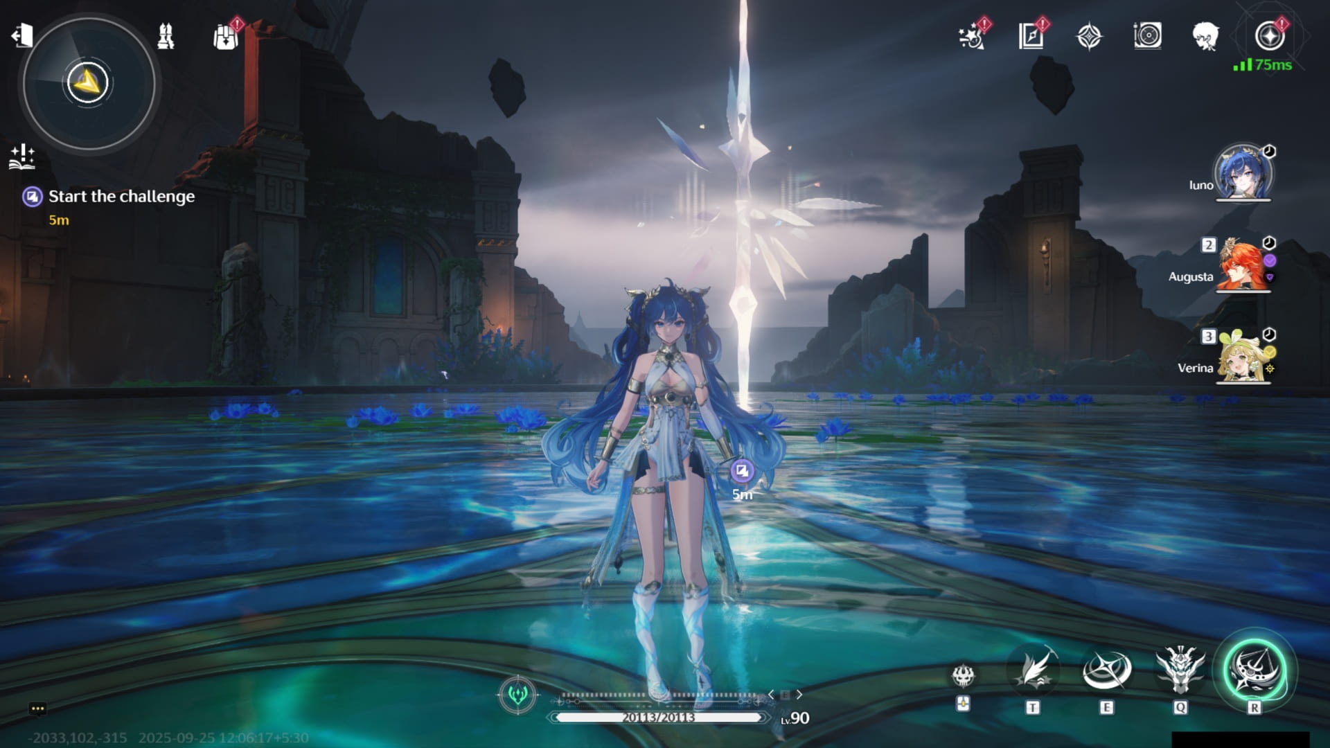 Wuthering Waves scene depicting Iuno standing confidently on reflective water