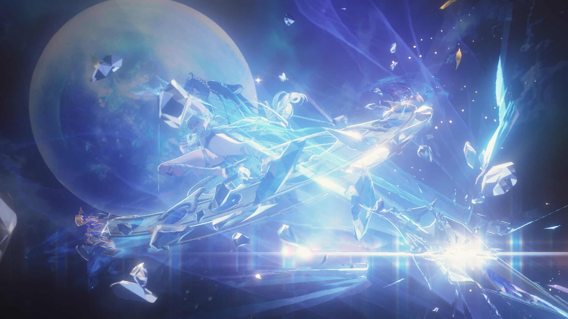 Wuthering Waves scene with shards of glass and light, set against a distant planet