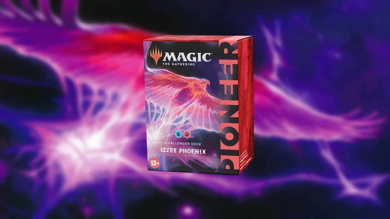 A box of magic: the gathering booster pack in front of a purple background showcasing the best challenger decks.