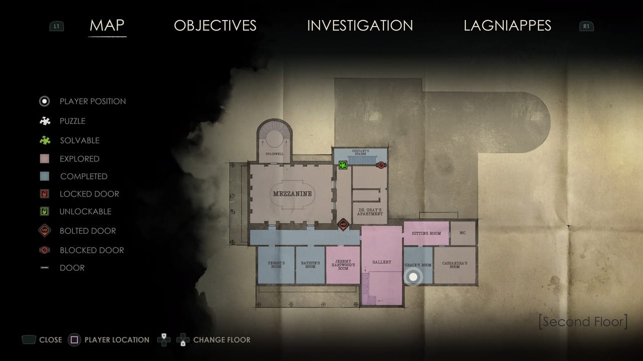 A digital map of the "Alone in the Dark: Lagniappe" game level showing different rooms, player position, and various points of interest with status indicators.