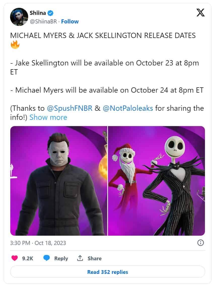 Fortnite leakers reveal Jack Skellington release date for Michael Myers skin.