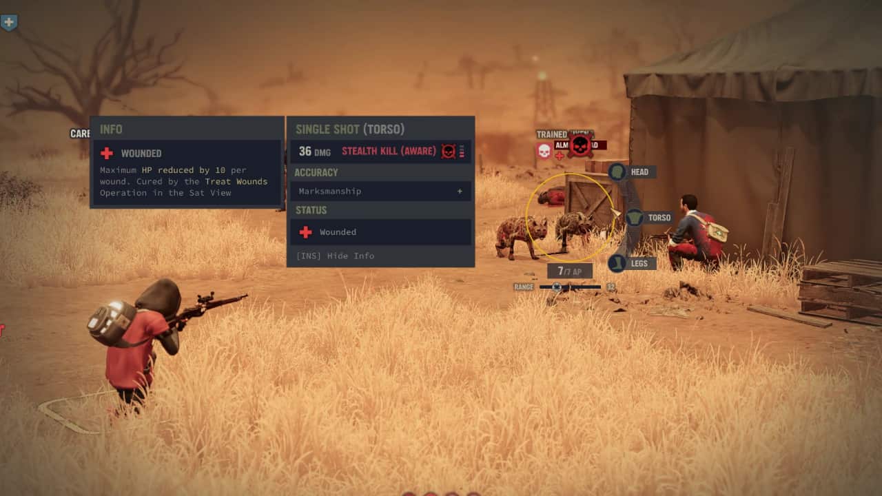 Jagged Alliance 3 best weapons: mouse aims at a hyena with a rifle.