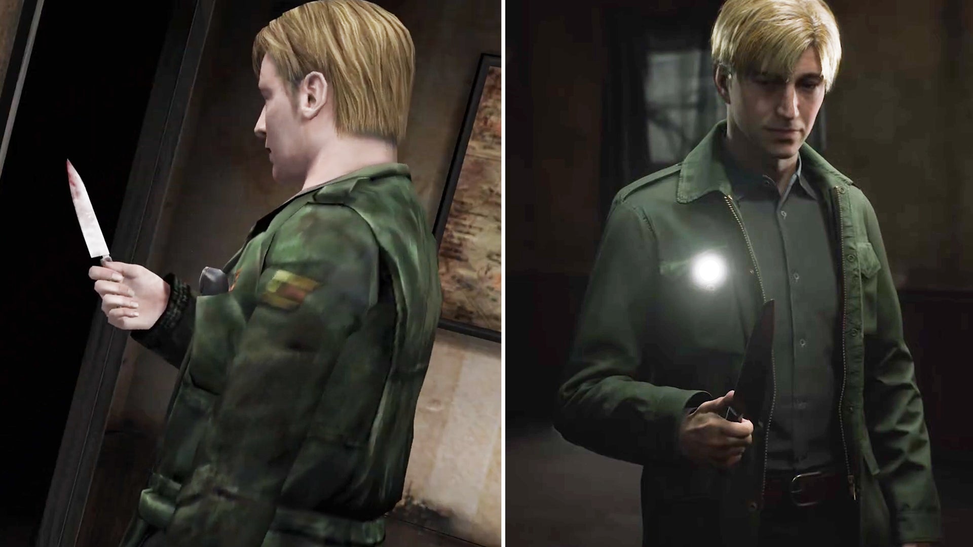 Side-by-side images showing James Sunderland in the original Silent Hill and the updated Silent Hill remake by Bloober Team