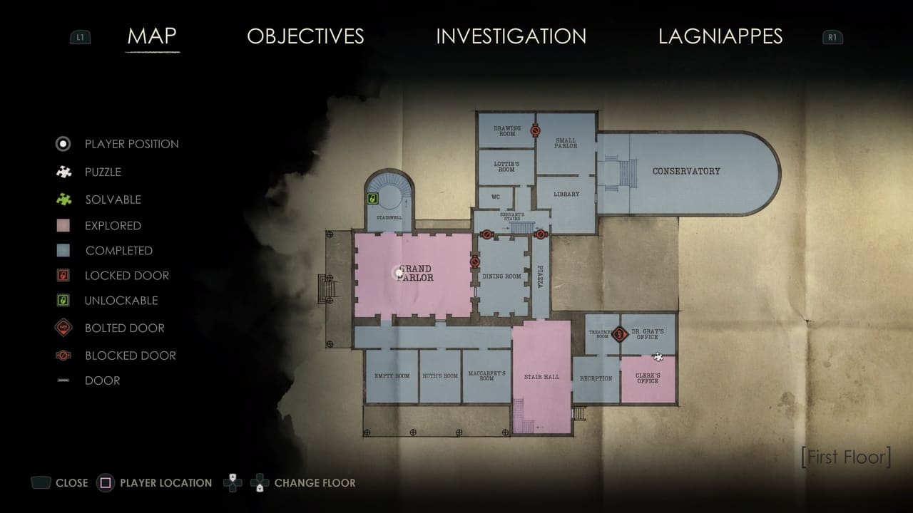 An in-game map interface from the "Alone in the Dark: Lagniappe" video game, highlighting the player's position and various points of interest on the first floor of a building.