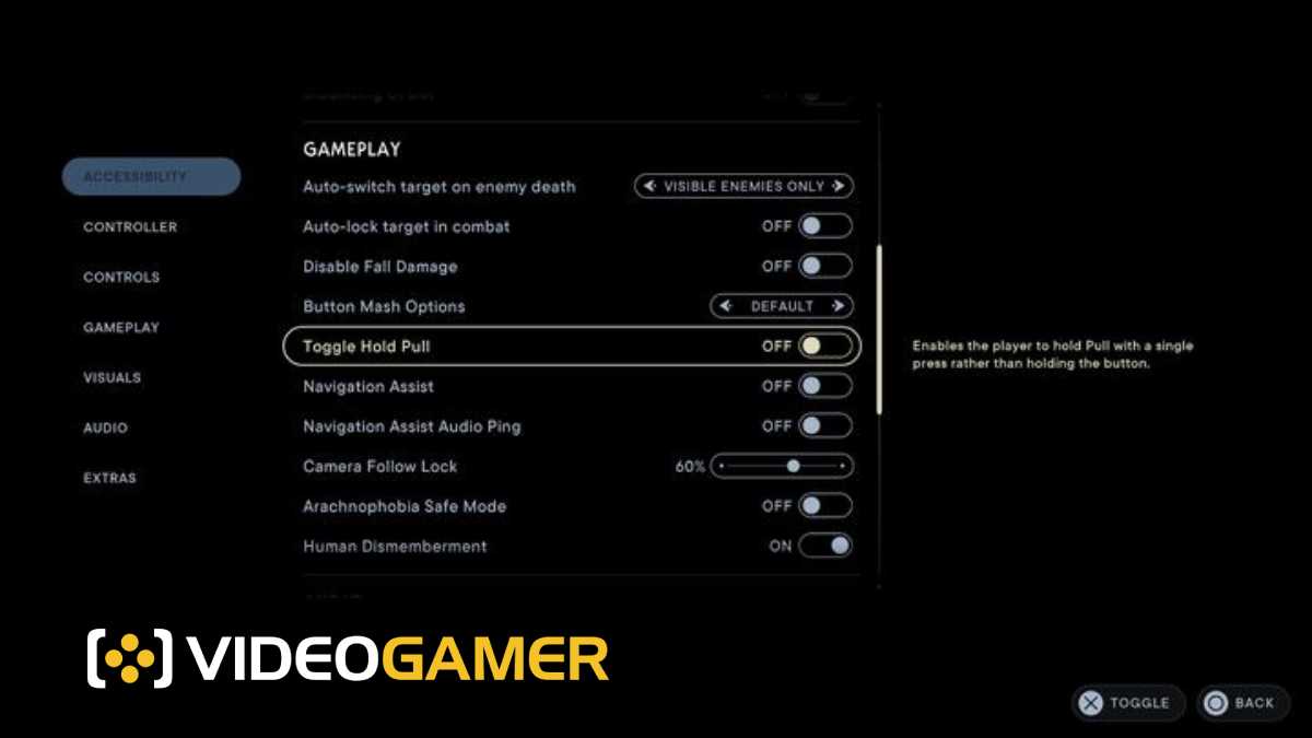 Screen shot of the accessibility settings page in Star Wars: Jedi Survivor showing the Gameplay settings options including Toggle Hold Pull, Navigation Assist, and Navigation Assist Audio Ping.