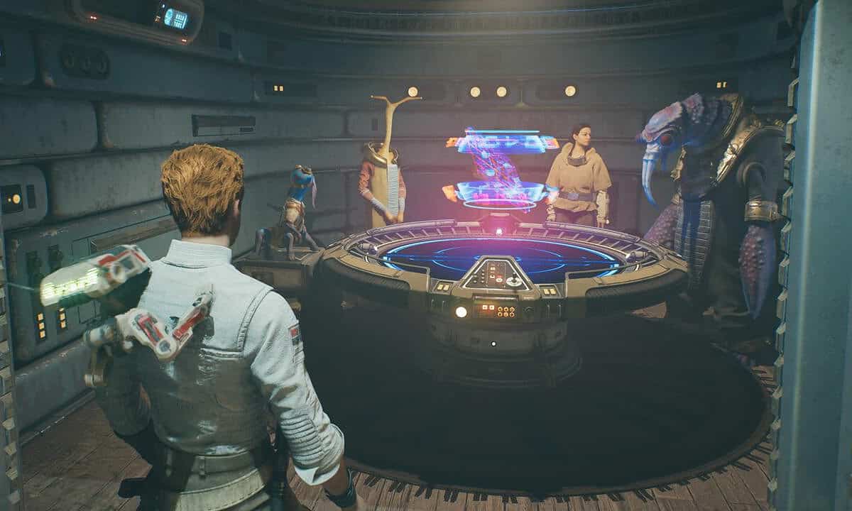 Jedi Survivor Holotactics: Cal standing next to Holotactics table in Pyloon's Saloon on Koboh.