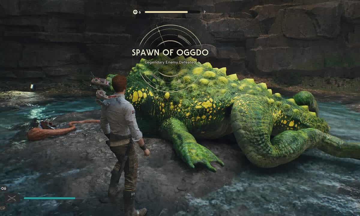 Star Wars Jedi Survivor Spawn of Oggdo: Cal in front of defeated boss.