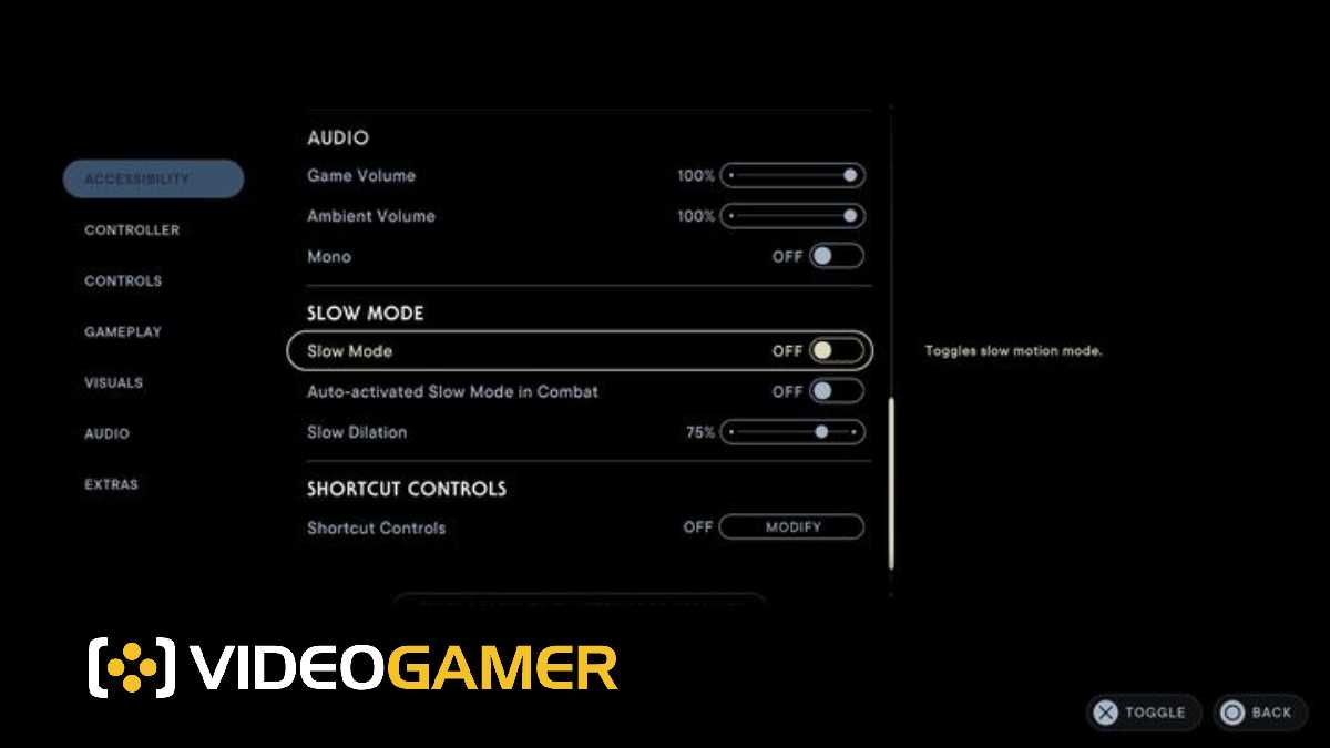 Screen shot of the accessibility settings page in Star Wars: Jedi Survivor showing the Slow Mode On/Off option, Auto-activated Slow Mode in Combat On/Off, and Slow Dilation percentage bar. 