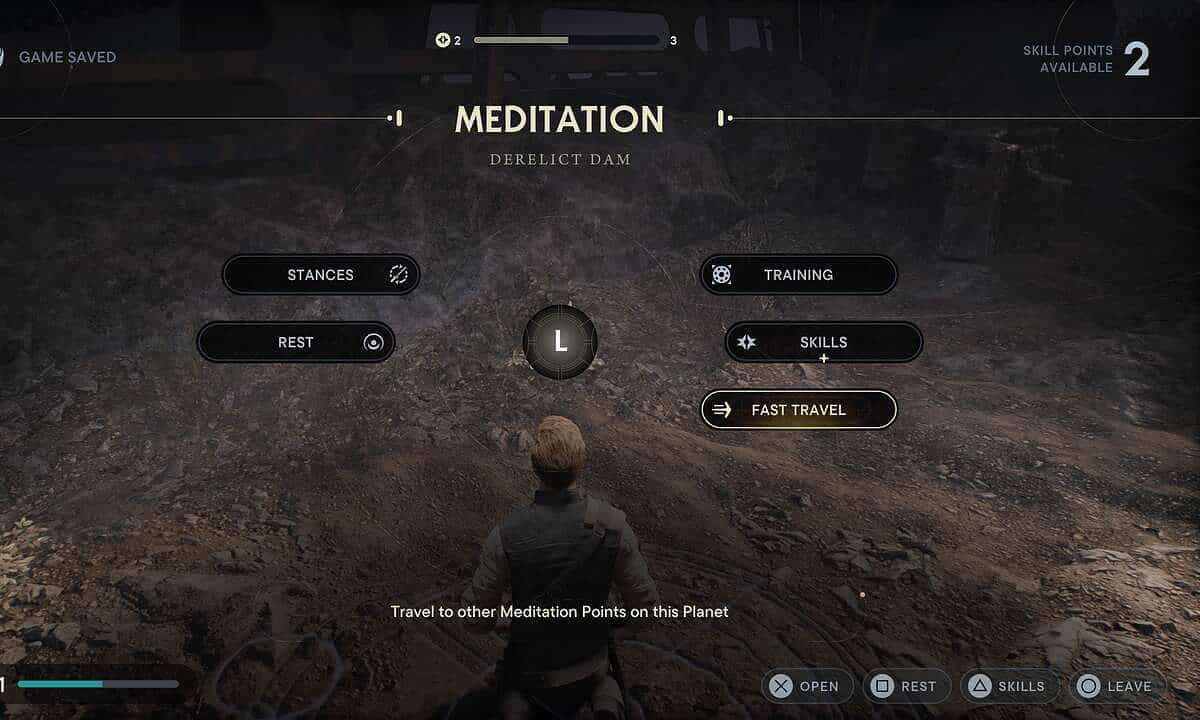 Star Wars Jedi Survivor fast travel: The Fast Travel option selected on the UI at the Derelict Dam meditation point.