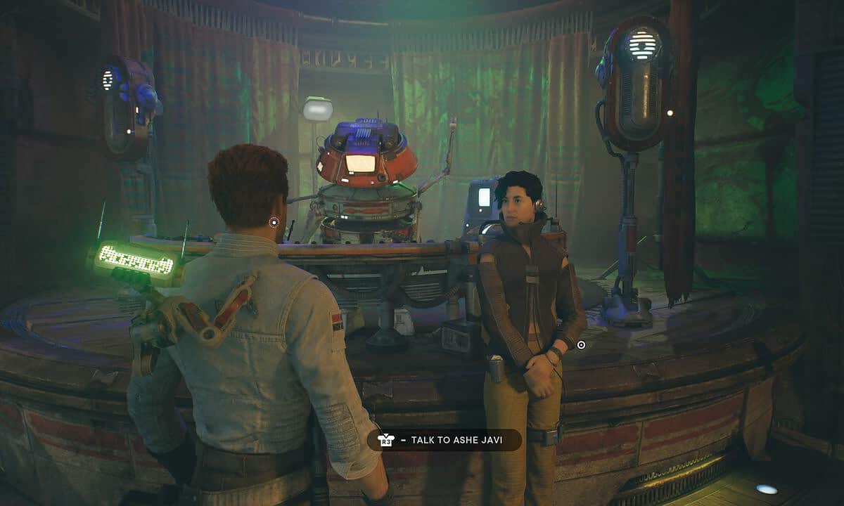 Jedi Survivor rumors: Cal talking to Ashe Javi at Pyloon's Saloon.