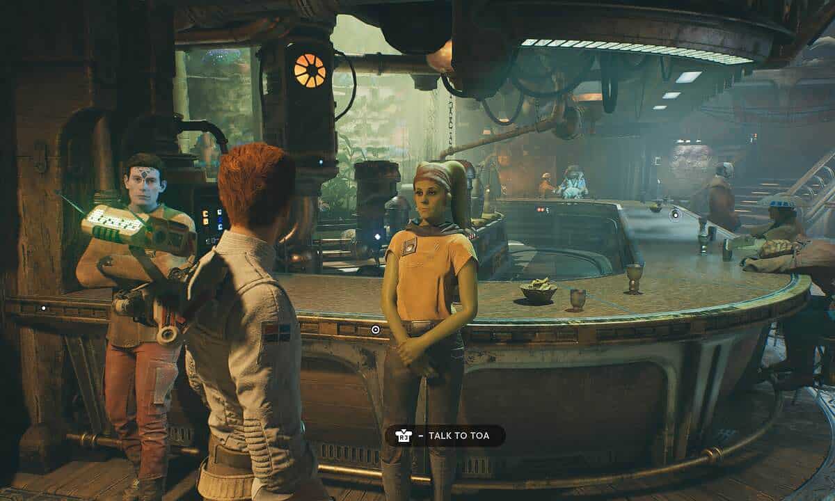 Jedi Survivor rumors: Cal talking to Toa at Pyloon's Saloon.