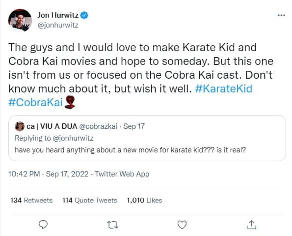 New "Karate Kid" movie, Cobra Kai team not involved tweet.