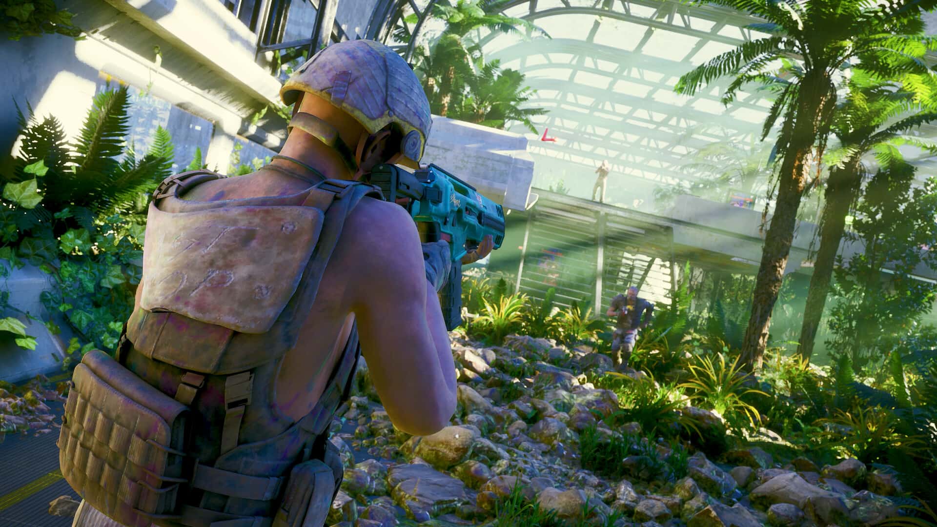 Player engaging enemies in a lush greenhouse environment aboard the train in Enginefall