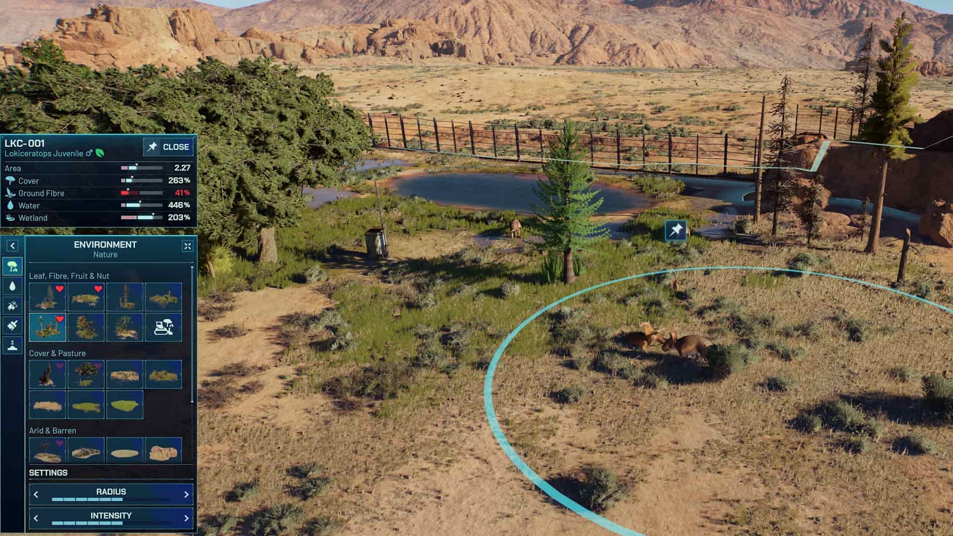 A player customizes the environment for a Lokiceratops habitat in Jurassic World Evolution 3