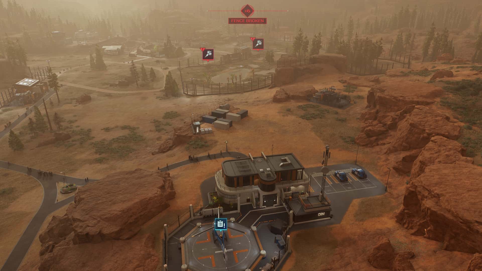 An overview of the park in Jurassic World Evolution 3 showing a broken fence alert and dinosaurs escaping their enclosure in the desert environment.