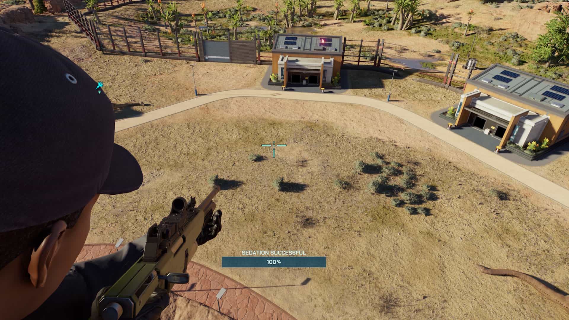 A ranger uses a tranquilizer rifle from a helicopter to sedate a dinosaur in Jurassic World Evolution 3, with a successful sedation message displayed on screen.