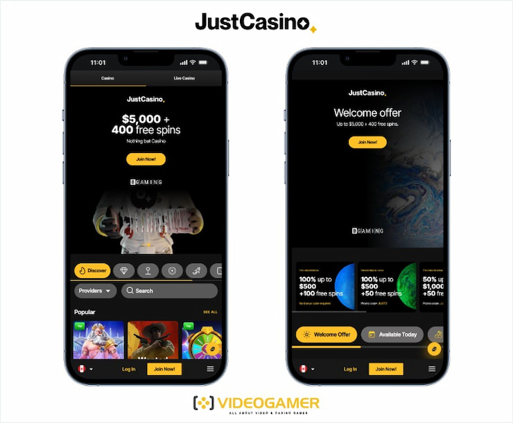 The JustCasino interface displaying popular slots and live dealer tables.
