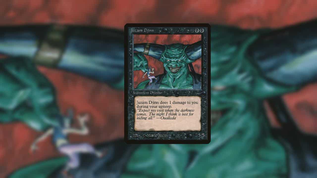 MTG expensive cards - An image of the Juzam Djinn card in MTG. Image captured by VideoGamer.