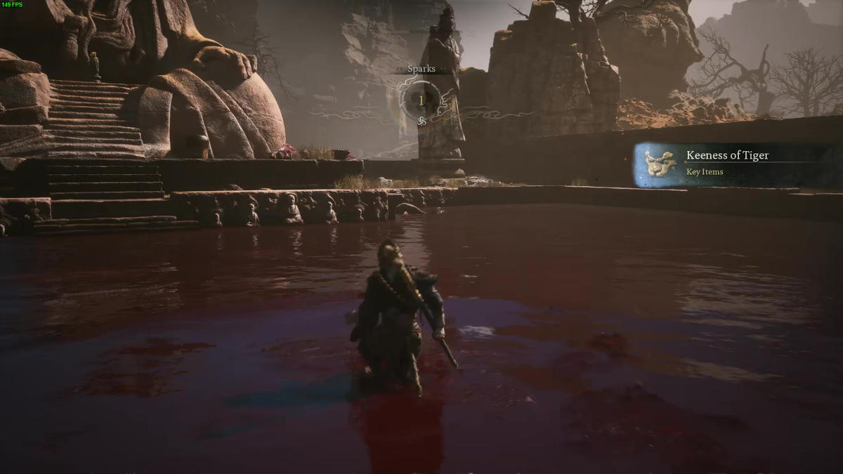 Keeness of Tiger Black Myth boss room with bloody pools around teh temple.