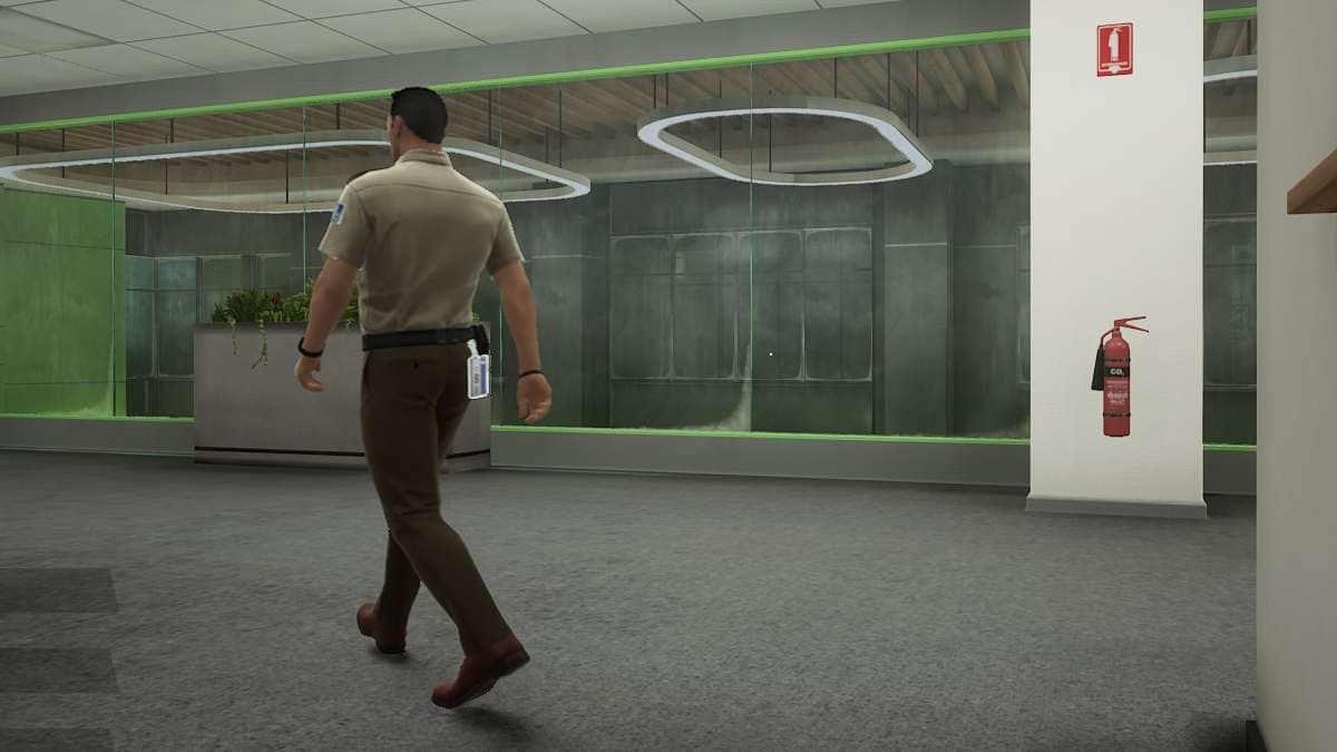 A security guard walking through a hallway in a video game, Payday 3.