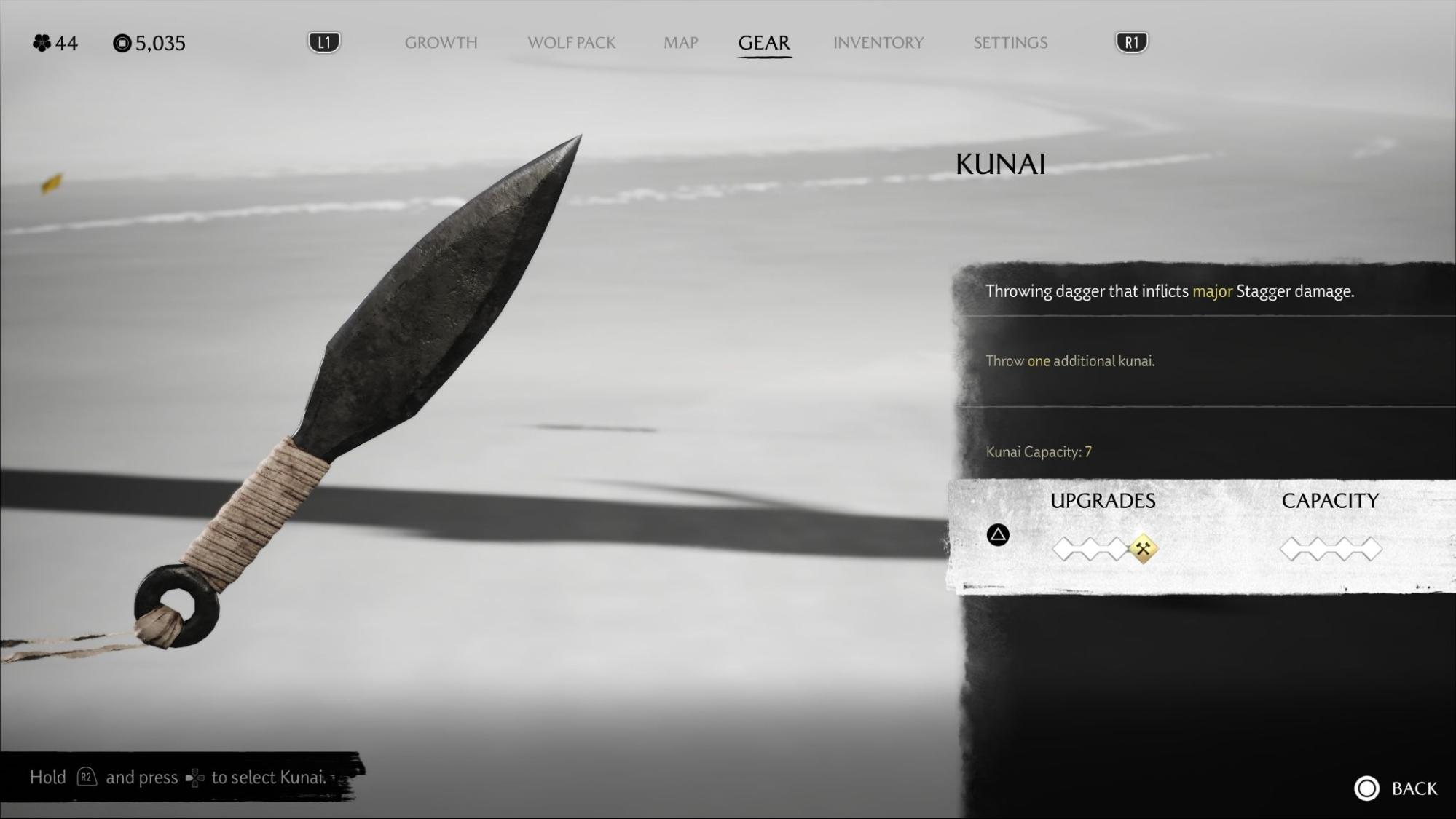 Kunai upgrade screen in Ghost of Yotei showing throwing dagger stats