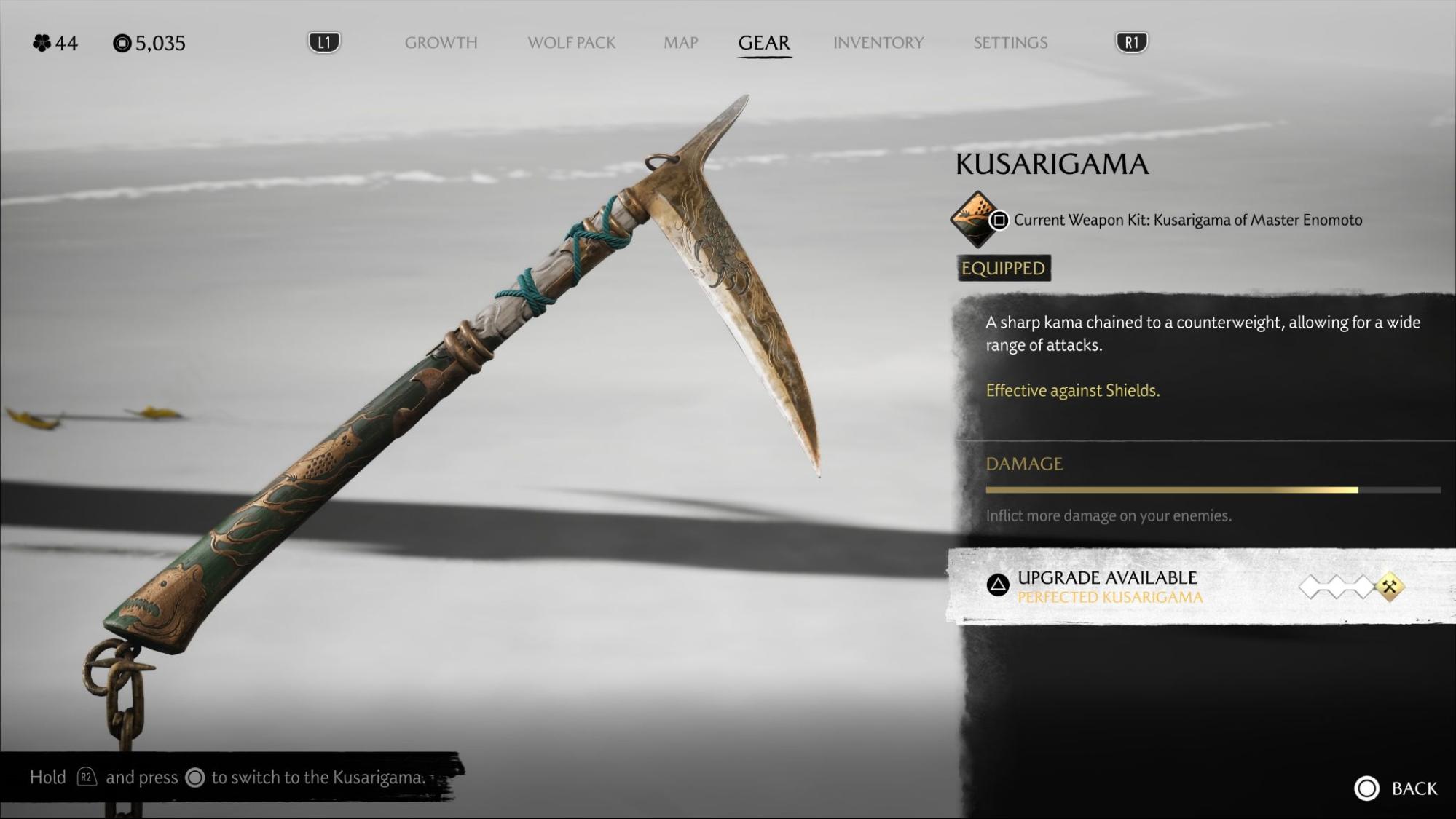 Kusarigama upgrade screen in Ghost of Yotei showing weapon stats and upgrade option