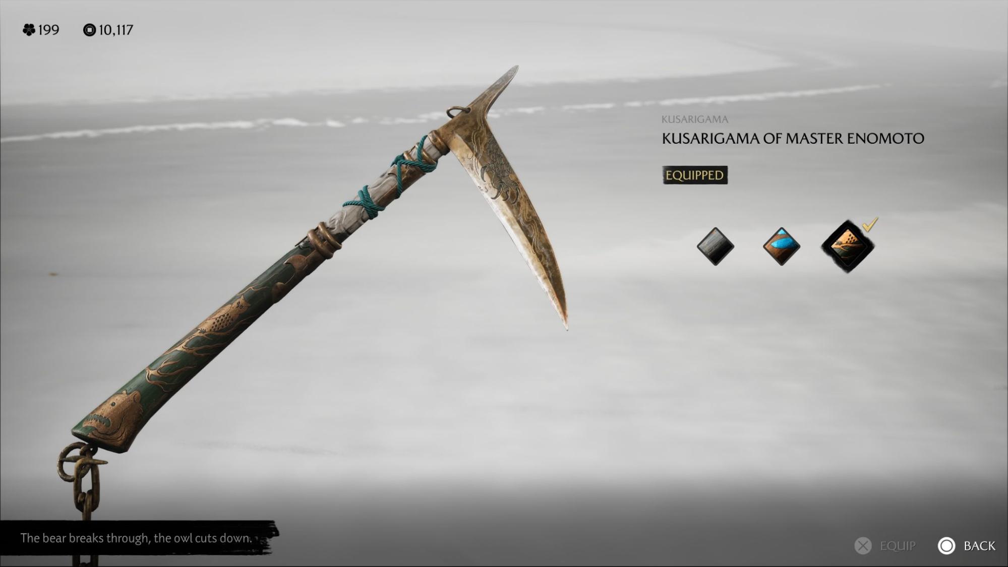 The Kusarigama of Master Enomoto weapon skin displayed in the Ghost of Yotei inventory screen