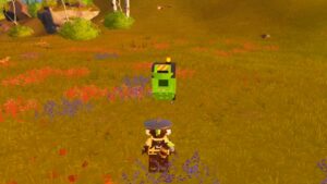 A character wearing a cowboy hat observing a green, multi-level compost bin in a vibrant, colorful meadow in LEGO Fortnite.