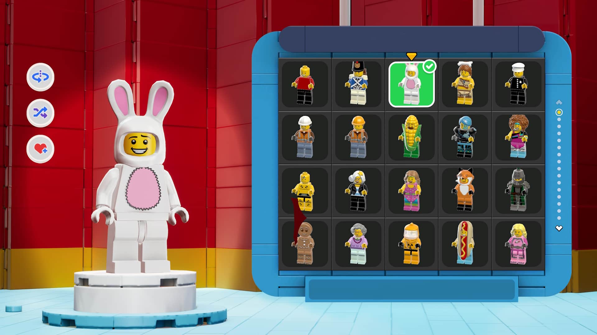 LEGO Party character selection screen with a bunny costume minifigure