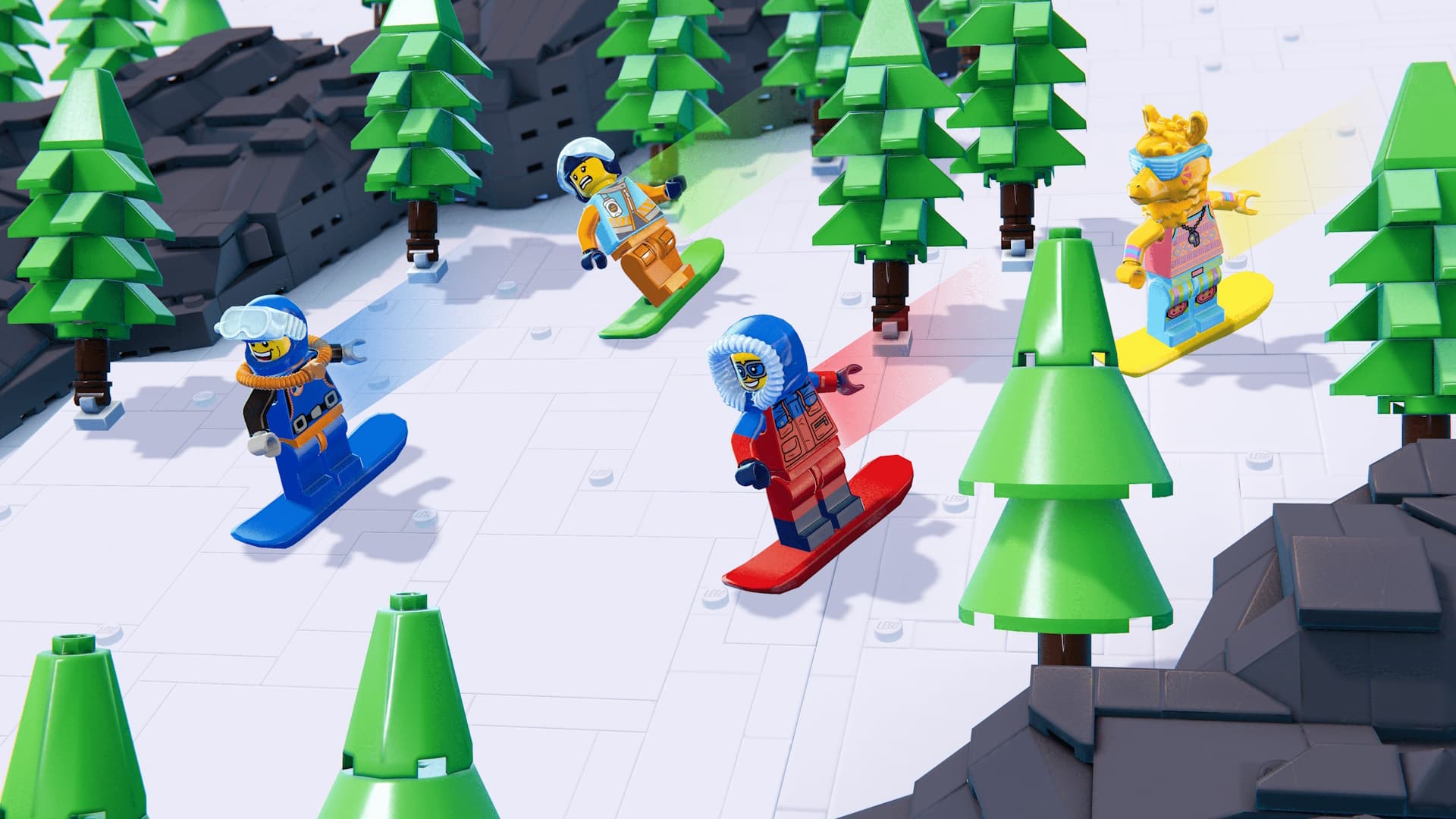 LEGO Party characters snowboarding on a snowy slope