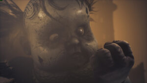 The cracked face of the Monster Baby looms menacingly in Little Nightmares 3 Necropolis