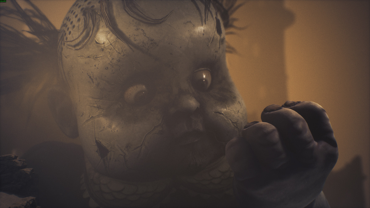 The cracked face of the Monster Baby looms menacingly in Little Nightmares 3 Necropolis