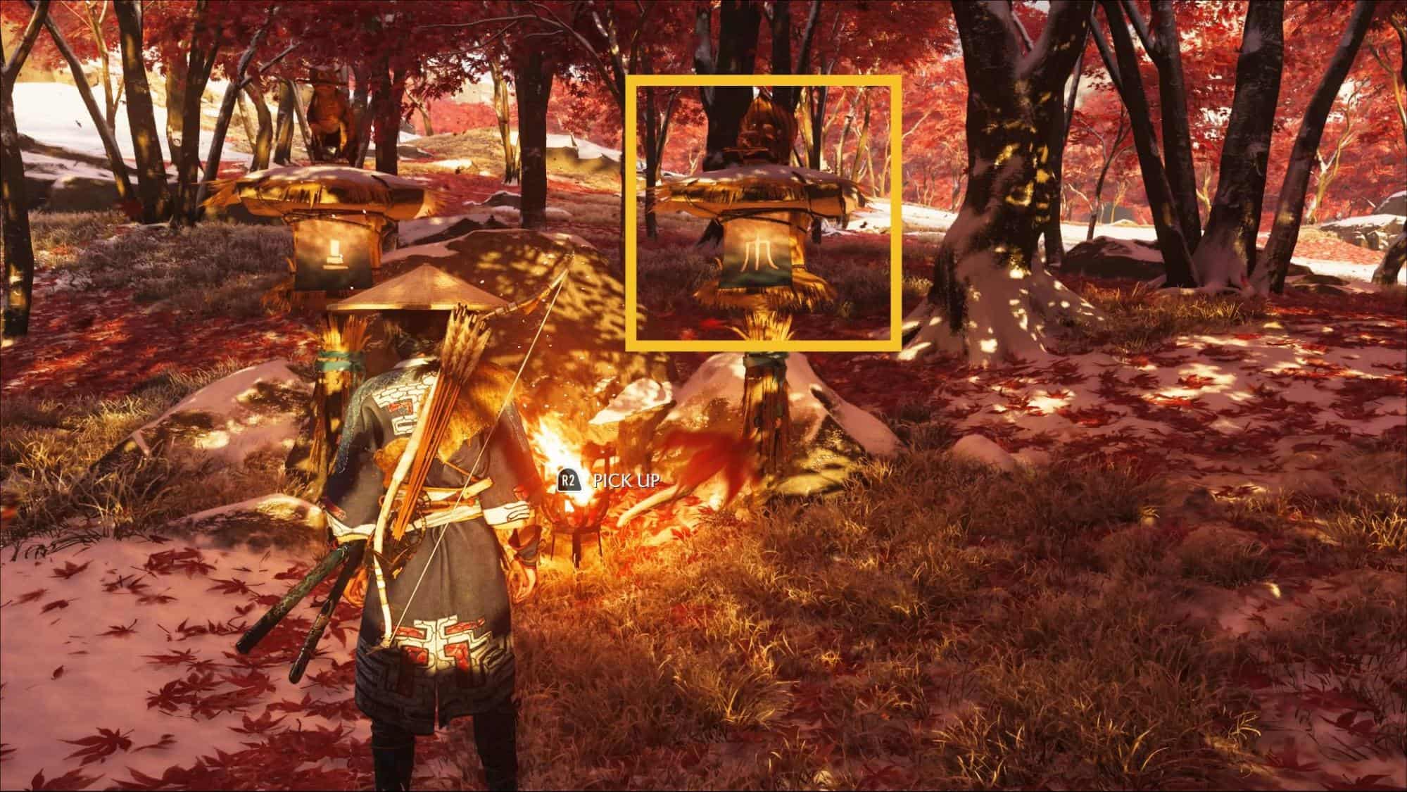 Player lighting the correct crouching fox lantern to solve the puzzle in Ghost of Yotei’s Closed-Off Building quest