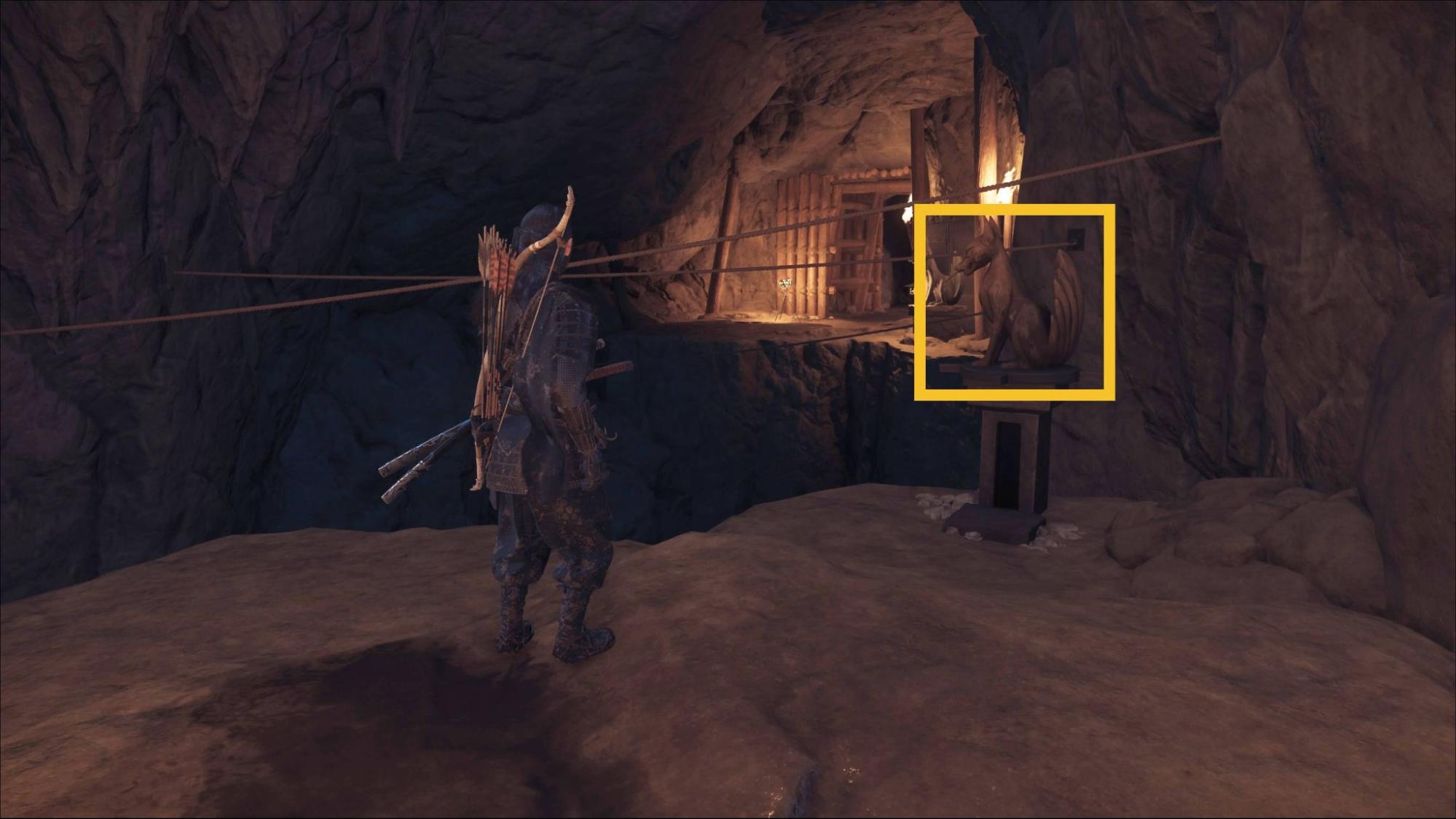 Ghost of Yotei Snow’s Blight Shrine fox positions near the cave bridge