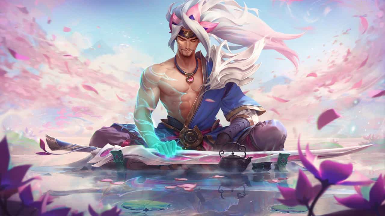 A Valorant-inspired male character with white hair and blue clothing meditates on a reflective water surface surrounded by pink petals.