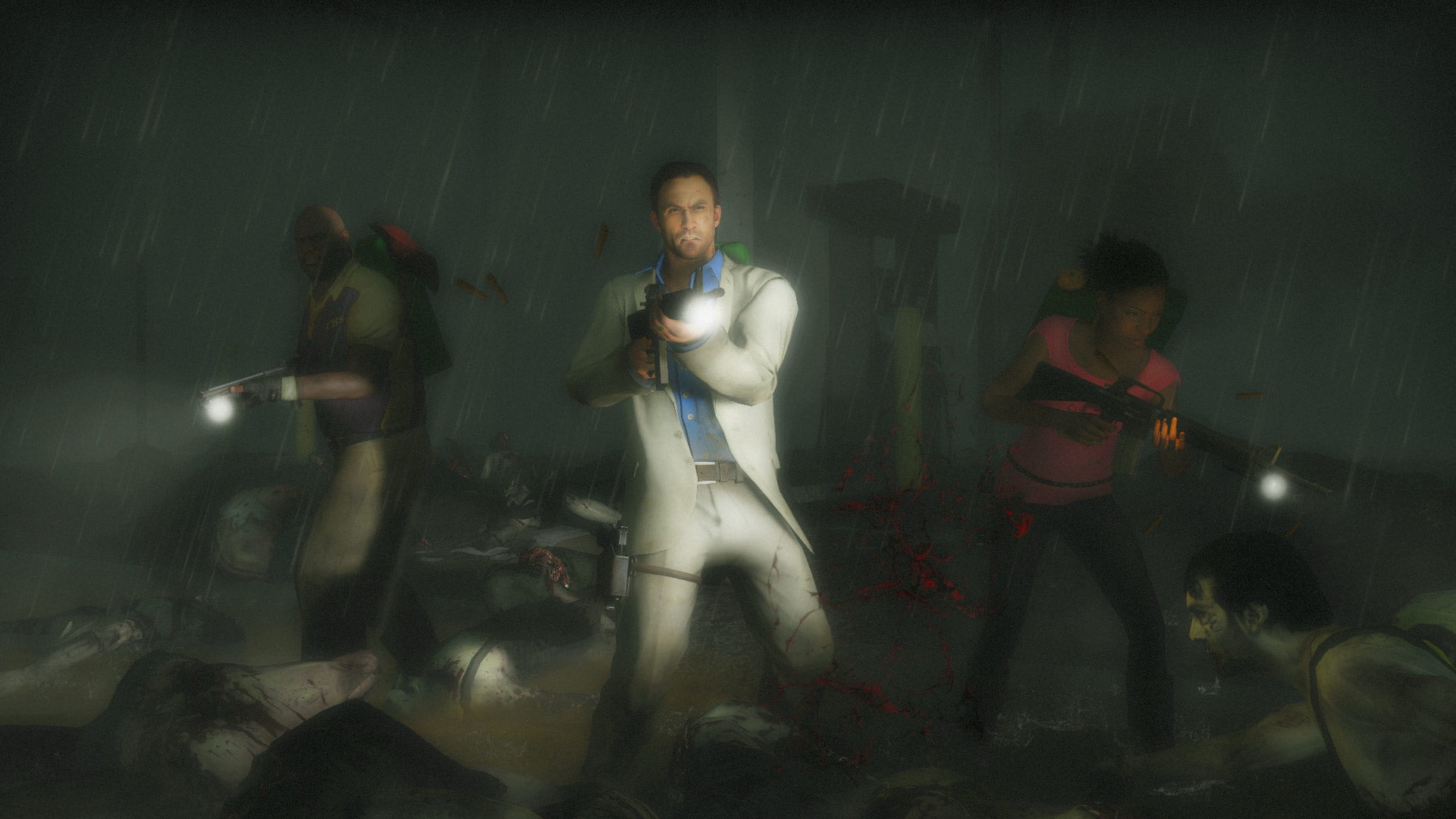Left 4 Dead 2 survivors fighting off zombies in heavy rain during a tense night battle