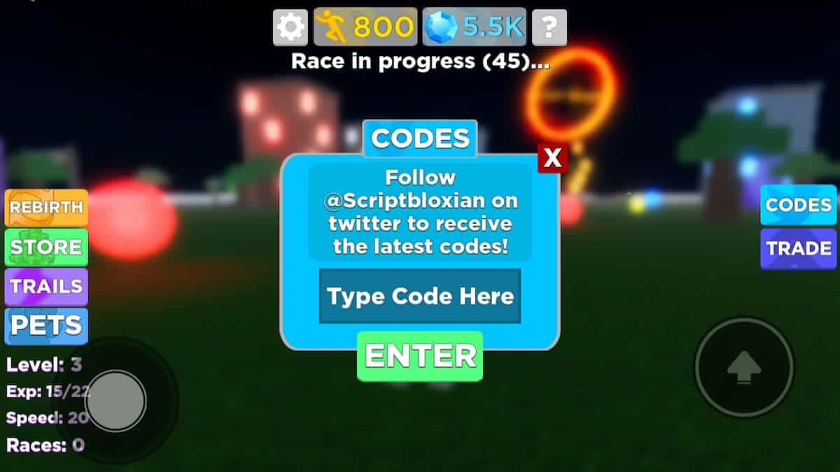 Legends of Speed codes: Code redemption screen