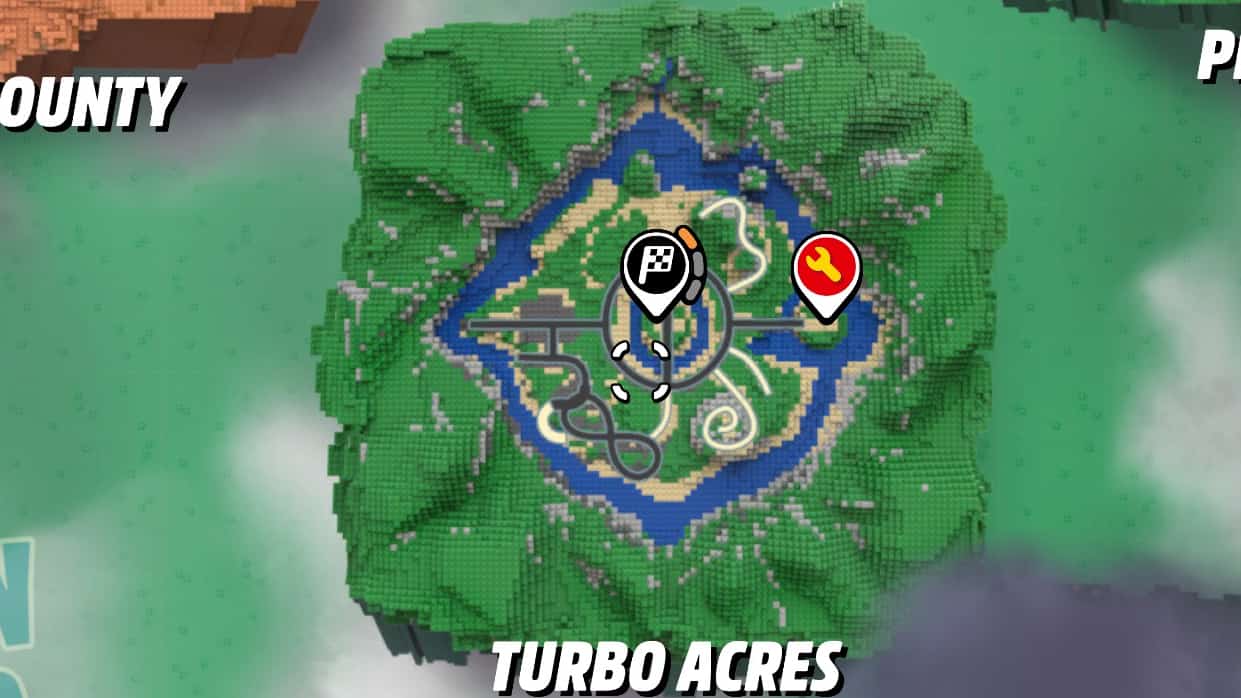 Lego 2K Drive maps and regions: A map of Turbo Acres.