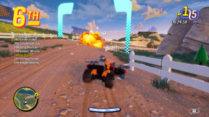 Lego 2K Drive maps and regions: A player in a race on a dirt road drifts around a corner while firing a rocket at a competitor in front of them.