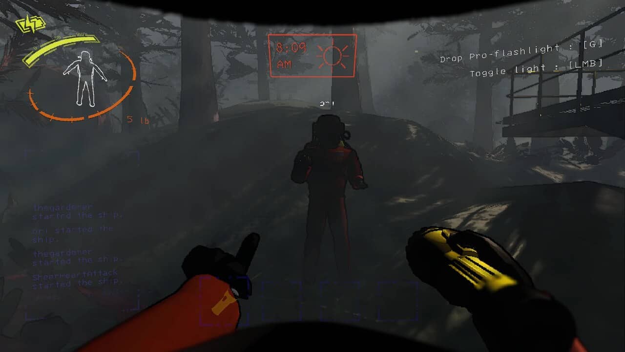 Lethal Company ending: Two players pointing at each other in a forest.