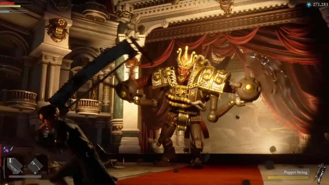 Lies of P release date: Pinocchio fights against a huge automaton, modeled to look like a furious king, in a theatre.