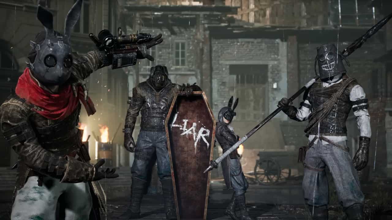 Lies of P release date: Four hunters pose in mismatched leather, masquerade masks, junk armour and steampunk gear. The left foreground character gestures towards a coffin held up by the background left and right characters. Inside the open casket is painted the word "Liar".