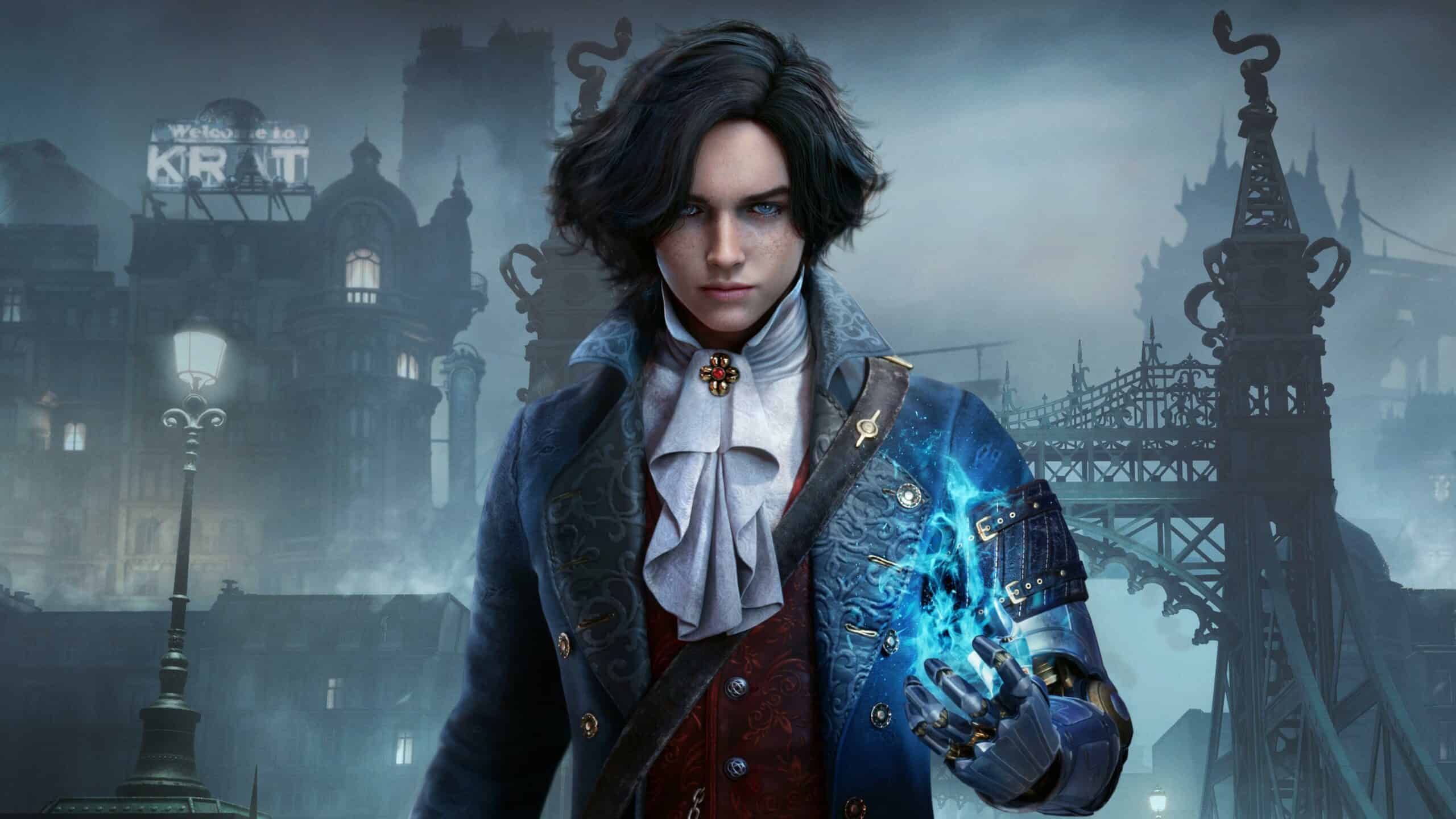 Fantasy character with dark hair in an ornate blue coat casting a blue magical spell from her right hand, standing before a foggy, gothic cityscape.