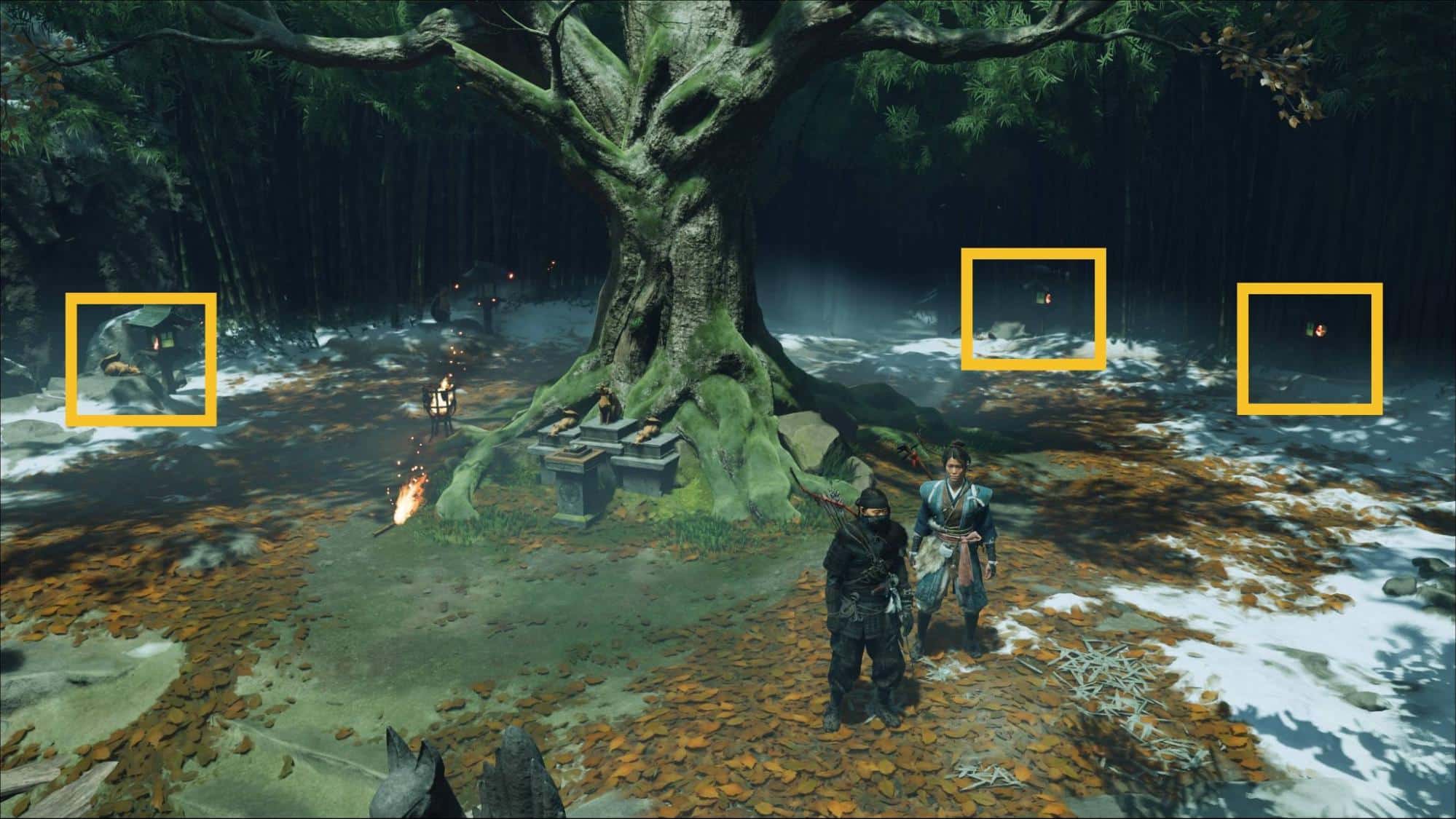 First fox lantern puzzle in the Ghost of Yotei Poison and Snow quest with the correct lanterns lit