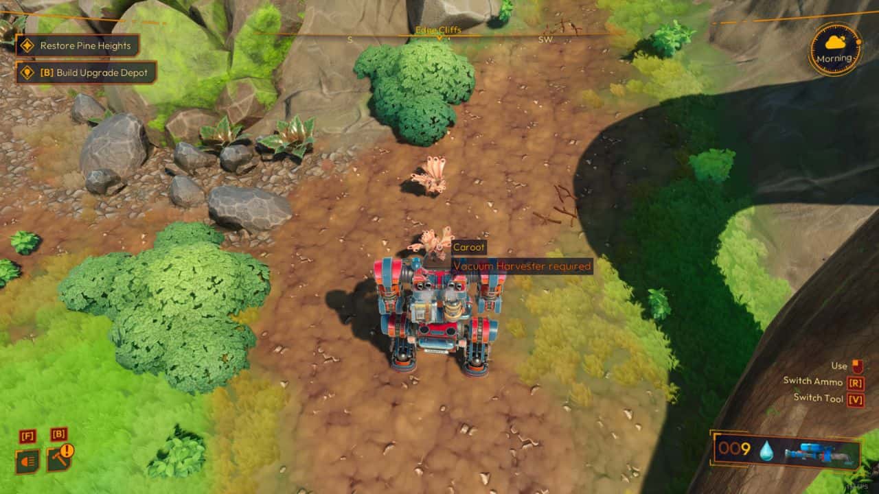 Lightyear Frontier get caroots: Player harvesting Caroots from Edge Cliffs region