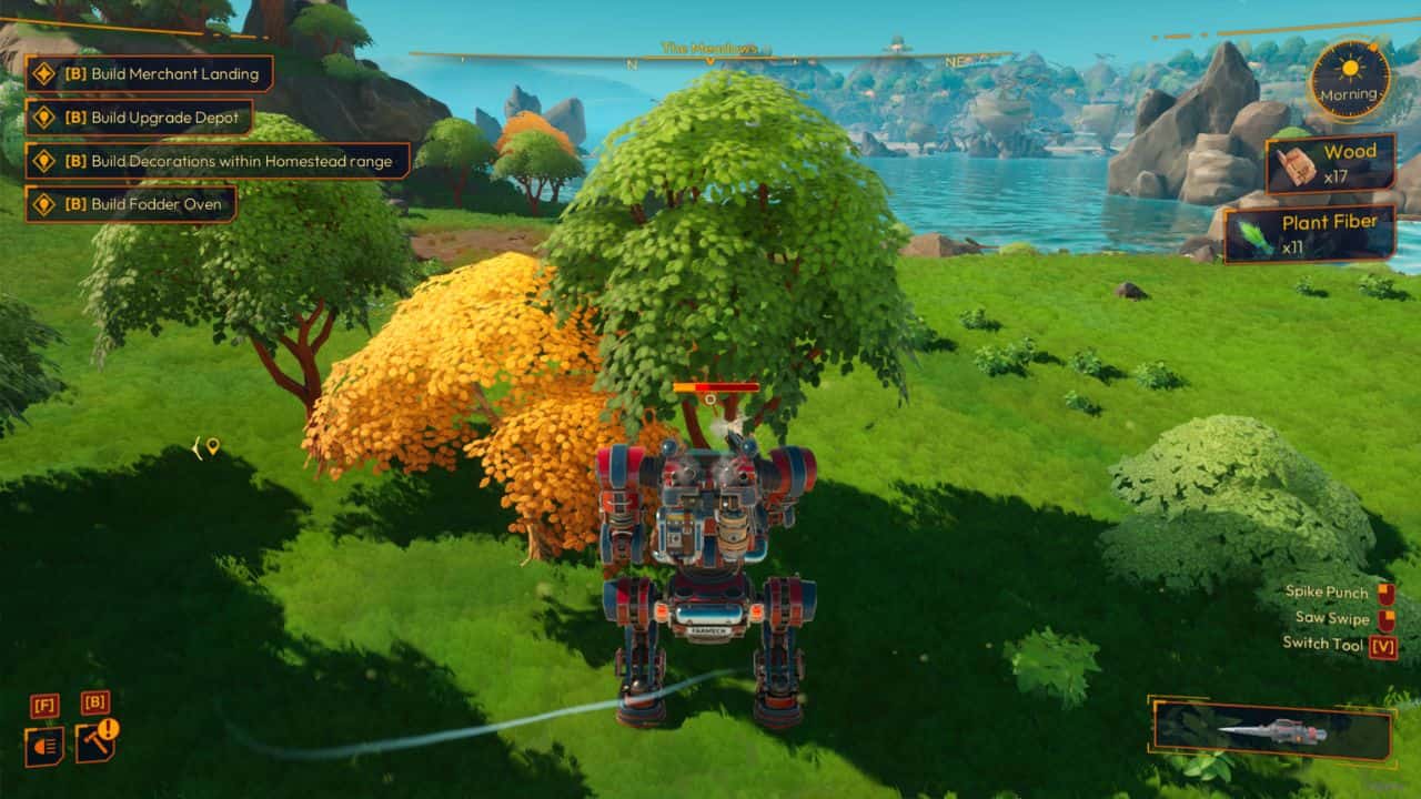 Lightyear Frontier how to get wood: Player harvesting wood from tree in meadow