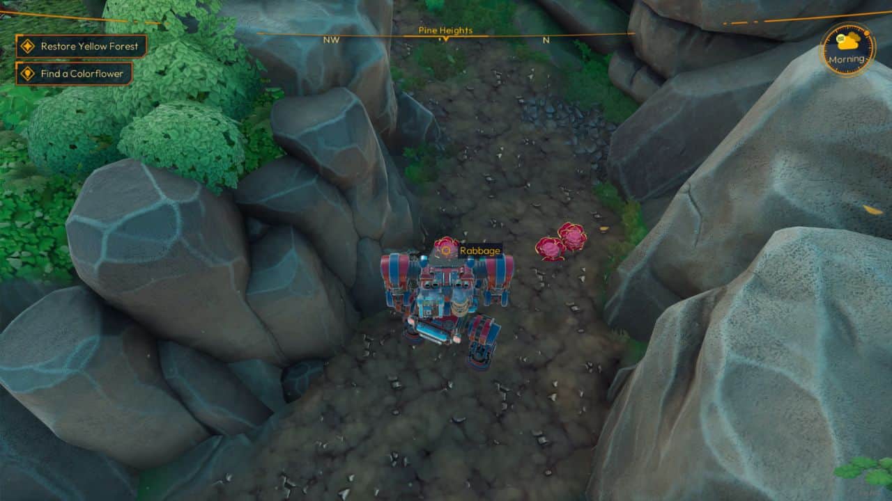 Lightyear Frontier get rabbages: Player in mech suit collecting Rabbage seeds from Rabbages